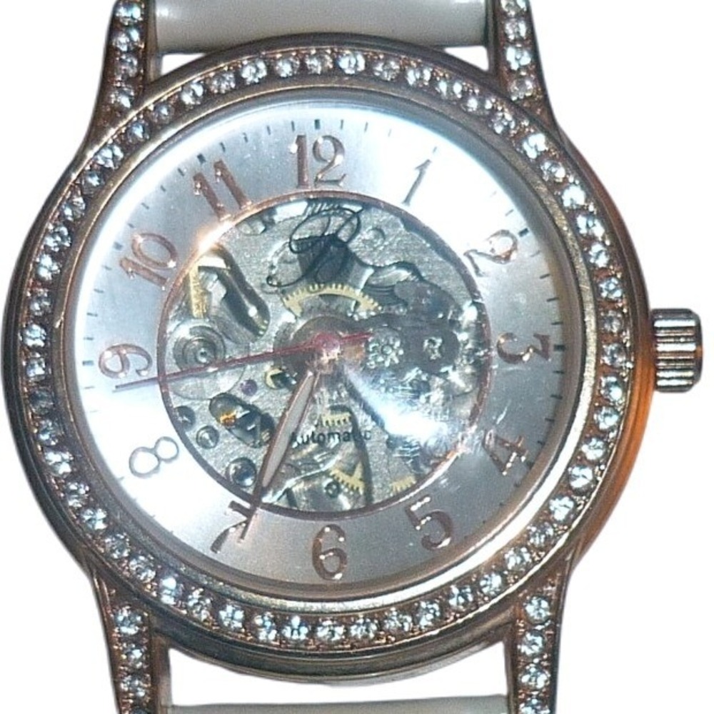 Bongo Automatic Skeleton Watch Rhinestone Bezel White Strap‎ BTV114WT AS IS